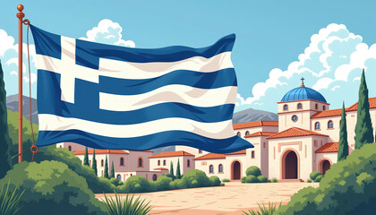 A festive scene featuring Greek flags waving in celebration of Independence Day along a beautiful coastal backdrop.
