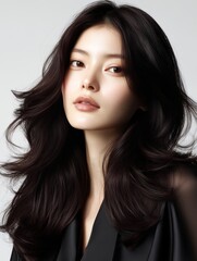 Naklejka premium Elegant portrait of a Japanese woman showcasing her glossy black hair and refined features against a minimalistic background