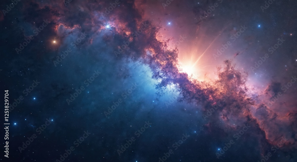 Poster deep space showcases nebula with stars and cosmic clouds. bright light shines through interstellar d