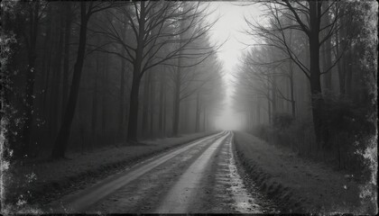 Obraz premium Vintage style illustration of forest road with fog monochrome color. Grunge filter effect, film strip photo lens. Rainy mystical landscape, dark nature concept, horror atmospheric mood.