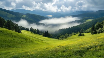 Fototapeta premium Scenic rolling hills and misty valleys majestic mountains nature photograph serene landscape breathtaking view tranquil beauty