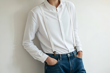 Man In White Shirt With Suspenders And Jeans Against Light Gray Wall