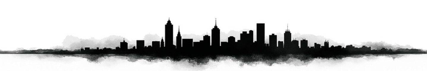 Naklejka premium Silhouette of a city skyline against a cloudy background, showcasing iconic buildings in a minimalist design.