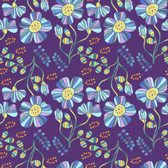 Pattern with blue flowers and leaves. Watercolor illustration, drawing for fabric.
