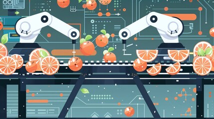 Automated fruit processing and packaging system using futuristic industrial robots and machinery in a modern high tech factory setting