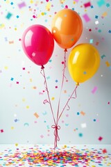 Vibrant confetti rain, colorful balloons float , fun, shower