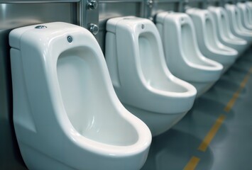 Fototapeta premium Urinals in a row. Clean white urinals in a row in a public restroom, indoor.