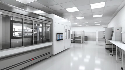 Fototapeta premium Sleek and efficient commercial laboratory interior with modern appliances shelves and organized workspace setup for scientific research medical processing or industrial development