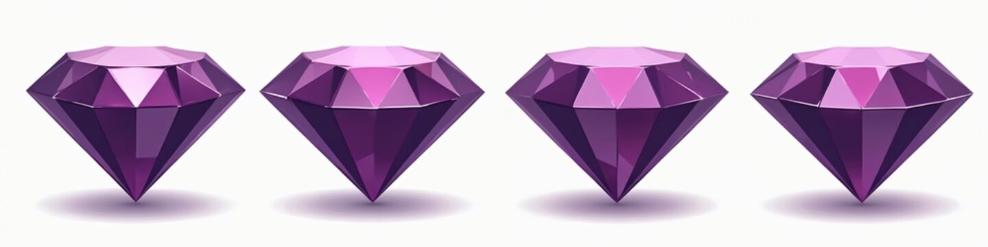 Collection of purple diamond icons. Gemstone crystals jewellery with sparkle effect. Precious clip art for logotype graphic design. Luxury symbol with assorted carat cut, valuable treasure. Shining