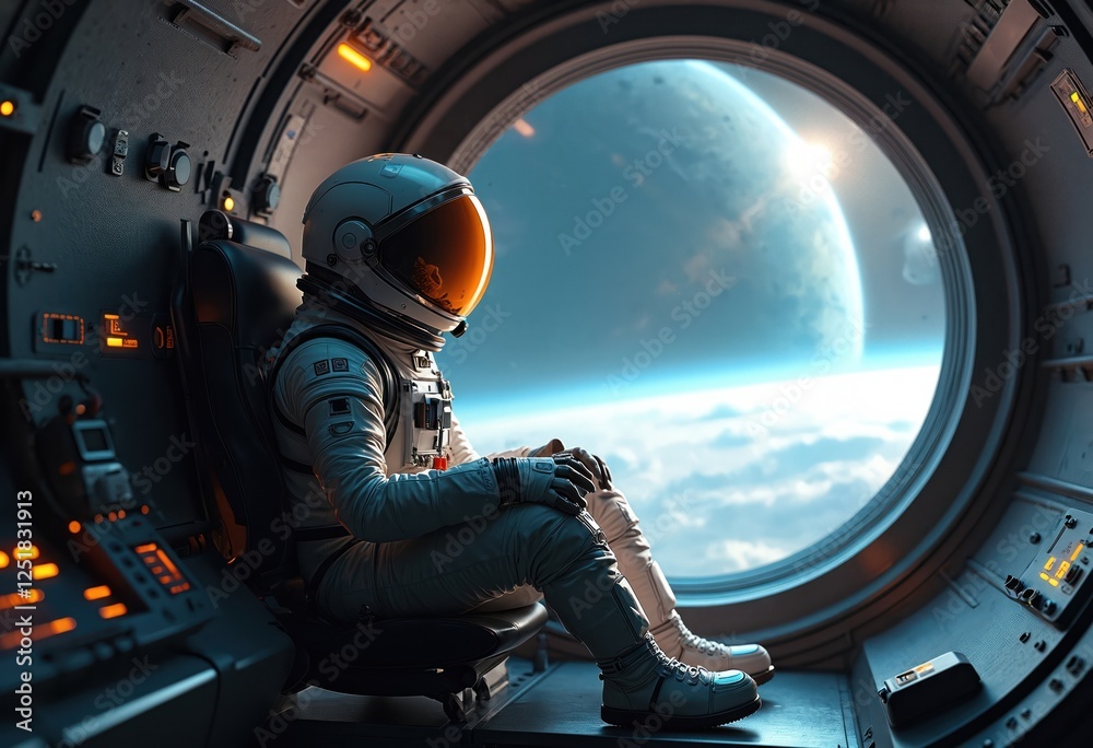 Poster illustration of astronaut sitting inside spaceship, looking out of window at planet. space explorer 