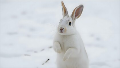 a white rabbit standing on its hind legs in the snow
