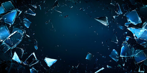 illustration of broken glass. dark blue background. a lot of trash and fragments. background for banner. glass texture