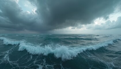 Fototapeta premium Stormy sea HDRI environment map spherical panorama in 360 degrees. High resolution shot of dark turquoise ocean and dramatic sky with dark rain clouds above horizon. Bad weather.