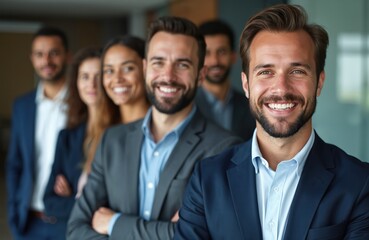 Group portrait of smiling diverse multi-ethnic businessmen, businesswomen team. Confident successful corporate colleagues stand together. Successful entrepreneurship management, pro workforce, formal
