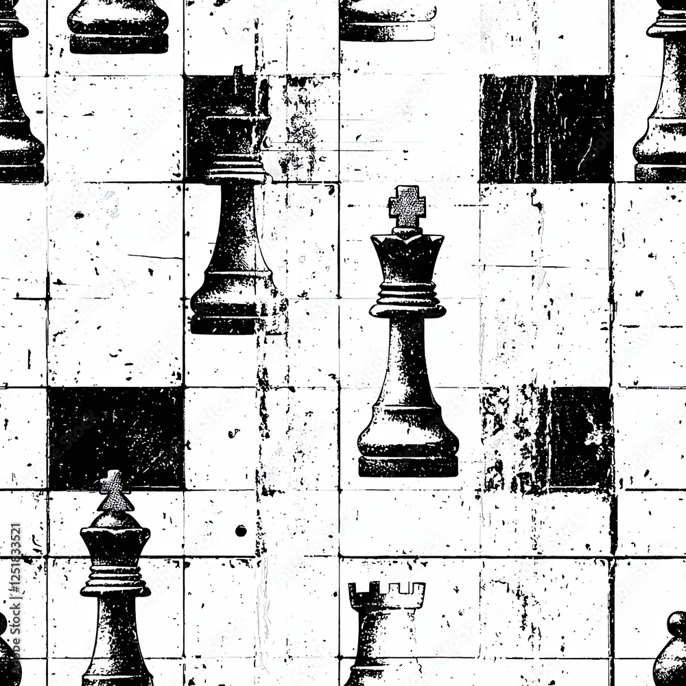 Poster distressed black and white chess pattern plate with intricate details and a textured background