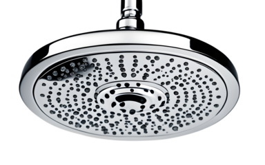 A modern rain showerhead with a chrome finish on a empty plain background