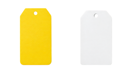 blank whiteand yellow paper label or cloth tag set isolated on white background. Price tag mockup template with copy space for brand, information. Shopping, sale concept, black friday sale.