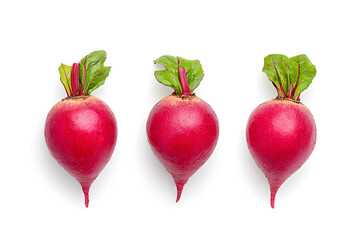 Red Beetroots with leaves, top view isolated on white background