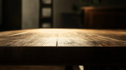 A rustic wooden table surface with warm lighting highlighting its rich texture set in a softly blurred cozy indoor background
