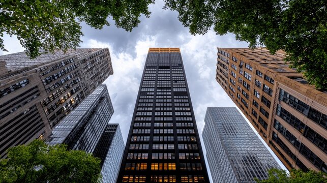 Fototapeta Urban Skyscrapers Seen from Below  City Buildings in a Densely Populated Area  Upward View of High-Rise Structures  Potential Use Stock Photo for Cityscapes, Architectural Wonders