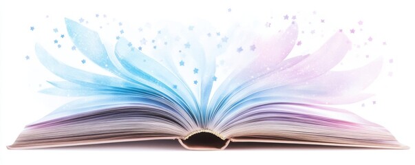 detailed watercolor illustration of open book with colorful pages and magical sparkles