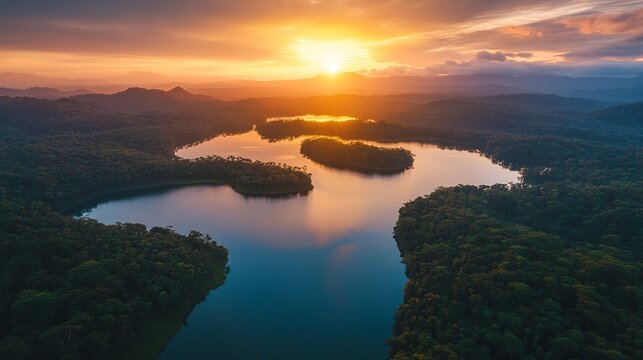 Breathtaking sunset over serene river islands amazon rainforest aerial photography nature scenic view tranquility
