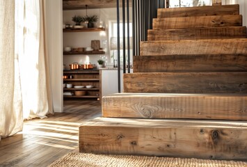 Rustic wooden staircase. A beautifully crafted rustic wooden staircase in a cozy home interior, illuminated by natural light, with a view of a warm, inviting kitchen.