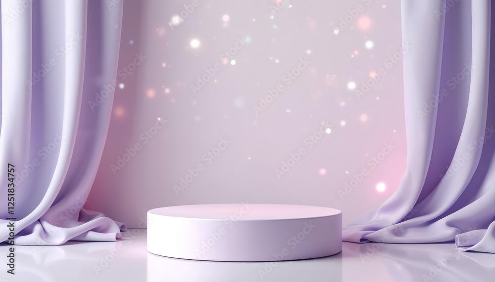 Aufkleber Modern dais design exhibits product on light platform with soft curtains. Clean minimal presentation with pastel backdrop. Abstract template perfect for innovation tech product stage concept.