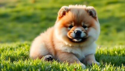 a small brown dog laying in the grass