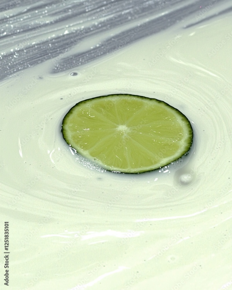 Poster Zesty Lime Slice Floating in Creamy Mixture on a Smooth Surface