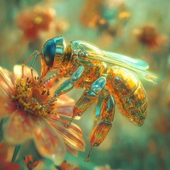 Golden Bee Collecting Nectar from Vibrant Colorful Flower