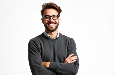 Happy young man smiles at camera arms crossed. Guy with glasses posing on white background. He wears casual jumper. Potentially usable for advertising, website or profile pic.
