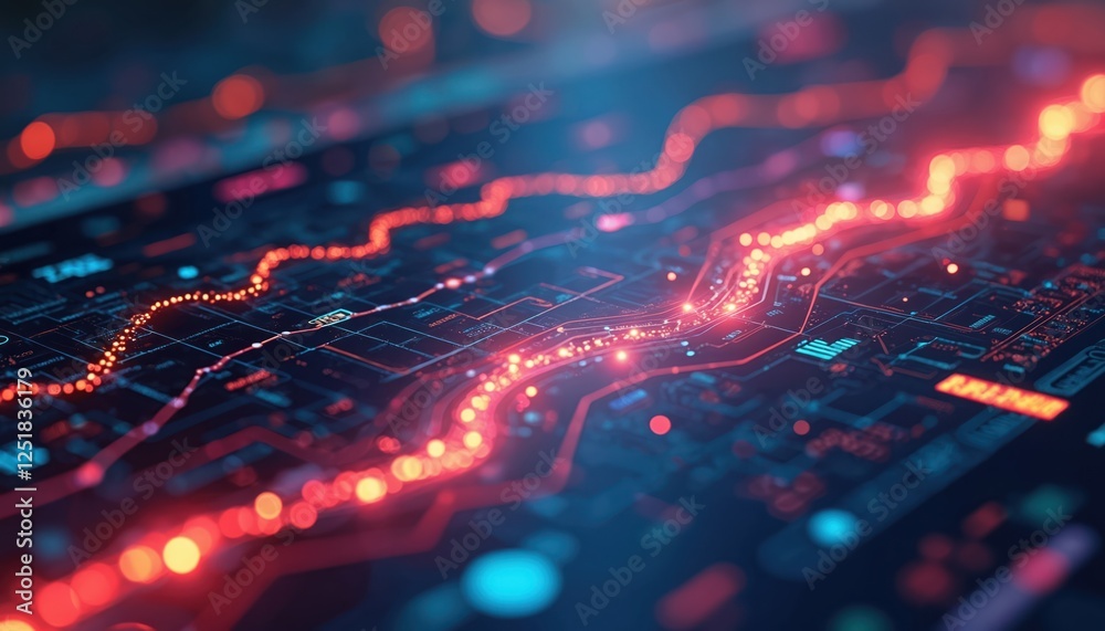 Aufkleber Futuristic hi-tech glowing red, blue circuit board close-up. Perfect for digital transformation, innovation, blockchain, AI tech background. Photo captures advanced technology with modern computer