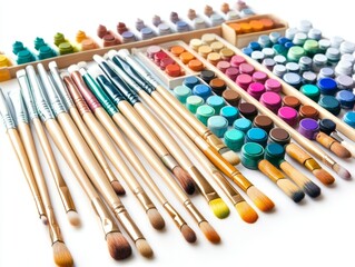 Naklejka premium Art supplies including various paintbrushes and vibrant paints