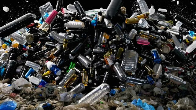 Earth model drowning in consumer debris. Globe emerges from mountain of discarded bottles and packaging waste against darkness. Static macro shot.