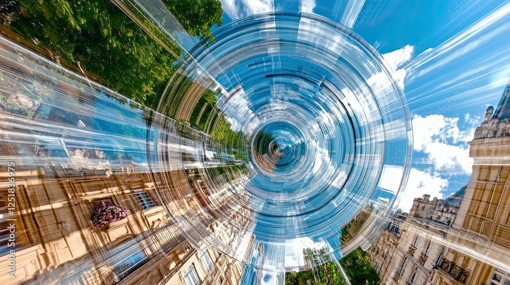 Poster vibrant abstract view of urban architecture blending with a dynamic sky in terra futura