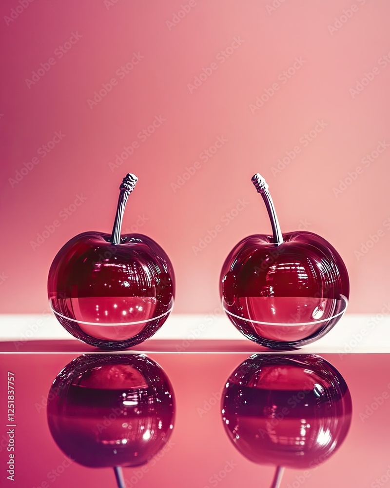 Poster glossy cherries float in a futuristic space with vibrant holographic reflections and soft gradients