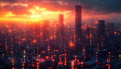 Fototapeta premium Conceptual futuristic smart city designed with glowing networks and advanced IoT systems powering sustainable urban life