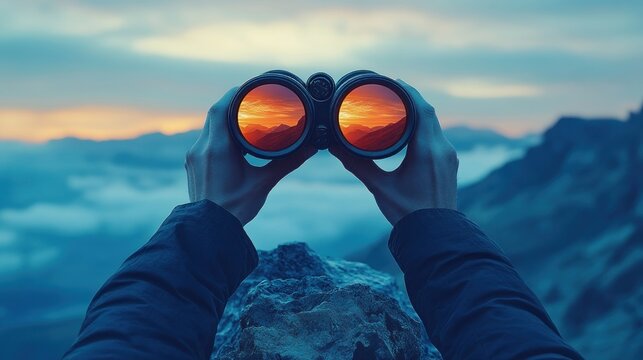 Sunset view through binoculars atop mountain peak