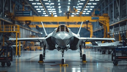 A sleek, gray fighter jet stands proudly in a large hangar, reflecting the bright lights overhead. The scene is powerful and industrial.