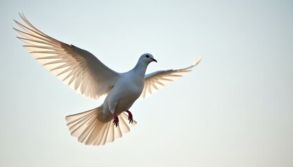 Obraz premium White dove flies in air against clear sky. Bird soars freely, wings spread. Symbol of peace, purity, faith, freedom and hope with large copyspace. Ideal for easter, christmas, wedding card background.