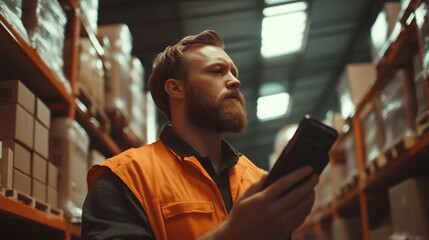 Warehouse Worker with Beard Using Barcode Scanner in Storage Area