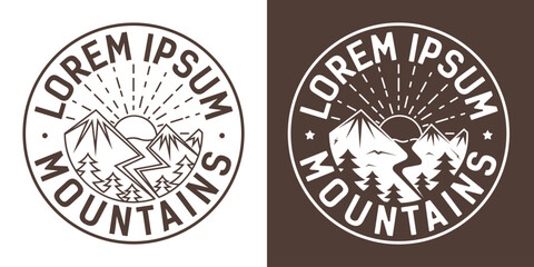 World travel emblem template. In hipster style mountain adventure and wild nature. Illustration, outdoor adventure. Print graphics for clothing. Vector, illustration