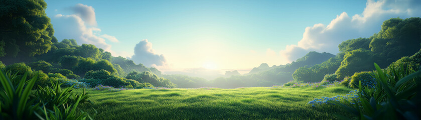 Obraz premium Serene Landscape with Lush Greenery and Gentle Sunlight