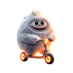Fluffy 3D Cartoon Character Riding Scooter Isolated on Transparent Background