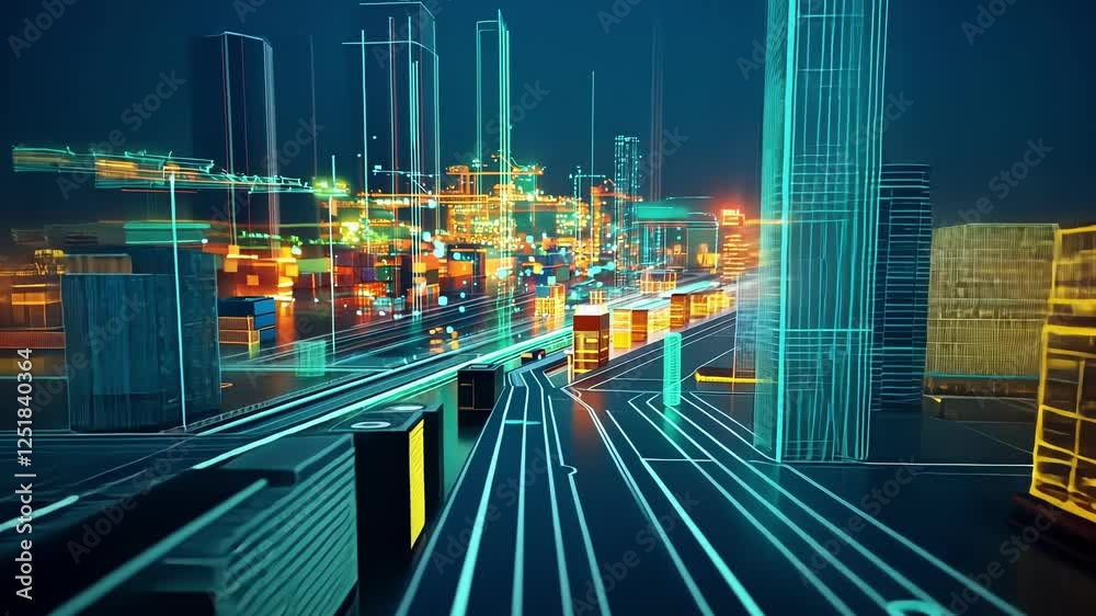 Poster glowing lines of data connecting shipping containers in a futuristic automated port, symbolizing eff