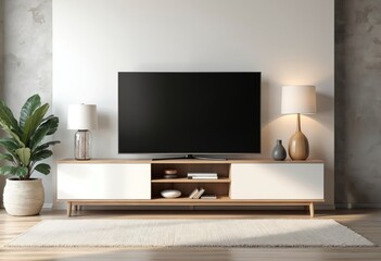 Modern wide screen TV stands on white cabinet against wall. Stylish furniture arrangement with lamps, plant creates comfy interior in minimal style. Empty screen mockup, perfect for content promotion.
