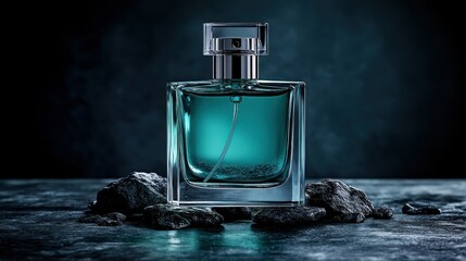 Teal perfume bottle, dark studio, rocks, smoky background, advertising