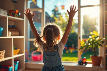 Fototapeta premium Joyful Girl Celebrating in Sunlit Playroom with Beautiful Glowing Garden View
