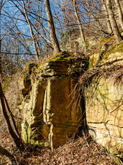 Felswände eines alten Steinbruchs im Wald
